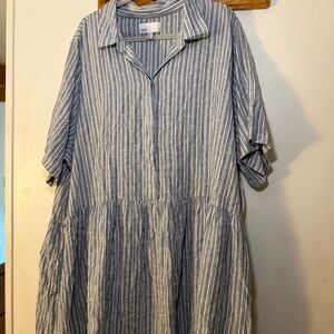 Linen Blend Striped Dress in Blue and White